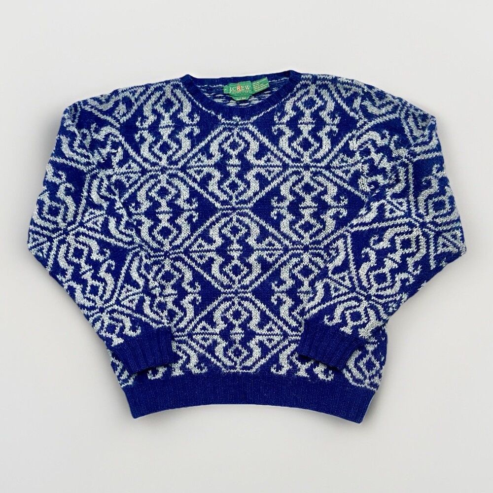 Vintage 1990s J. Crew Outfitters Hand Knit Shetland Wool Sweater Blue Gray L